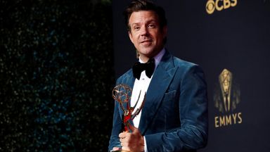 Jason Sudeikis with the Emmy award for outstanding lead actor in a comedy series, for Ted Lasso